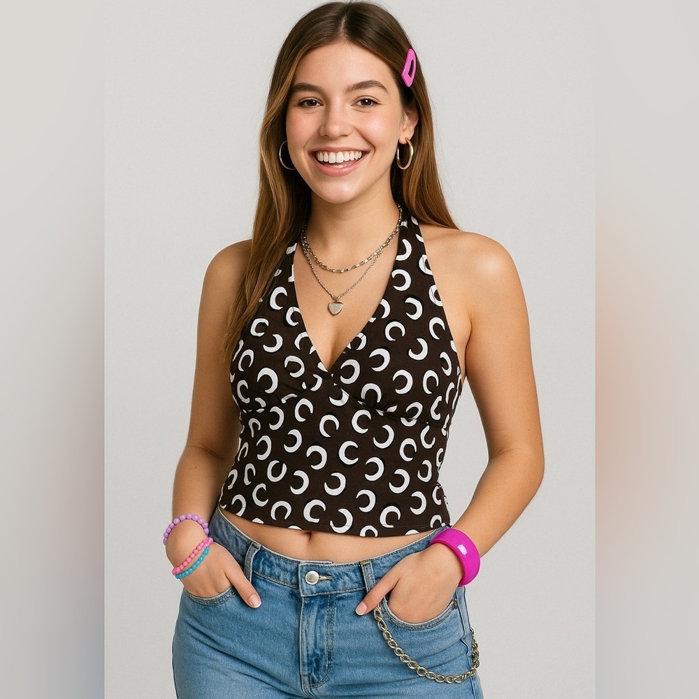 Vintage Y2K Silhouette Solutions Halter Tankini Top Brown & White Abstract Print